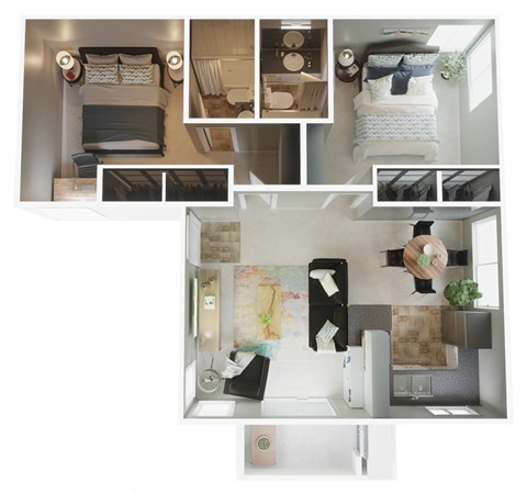 Floor plan for 2 beds, 2 baths, 905 sqft